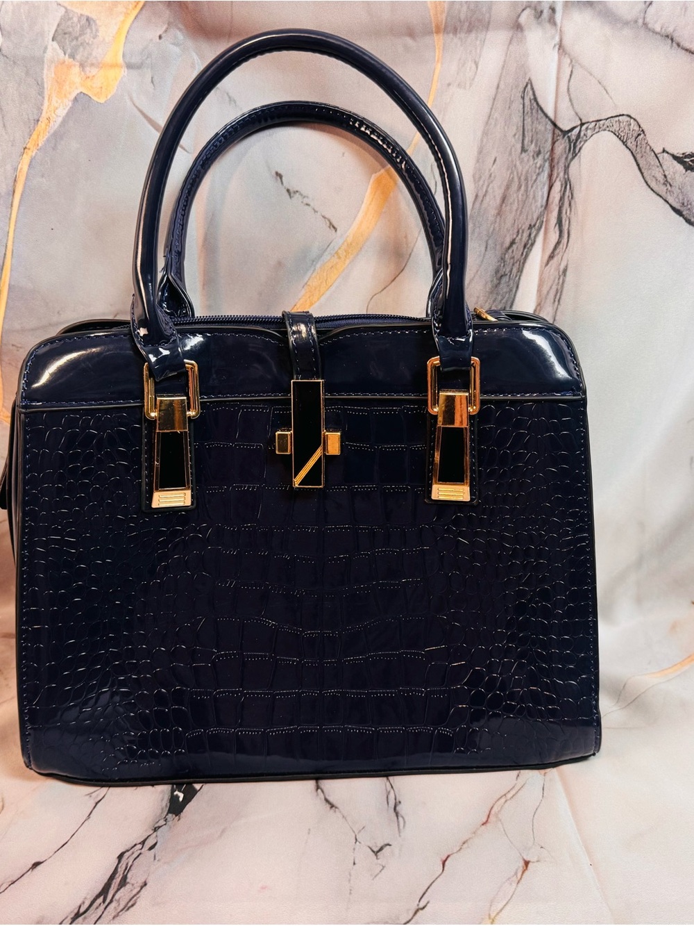 Classic Croc-Embossed Patent Satchel - Navy